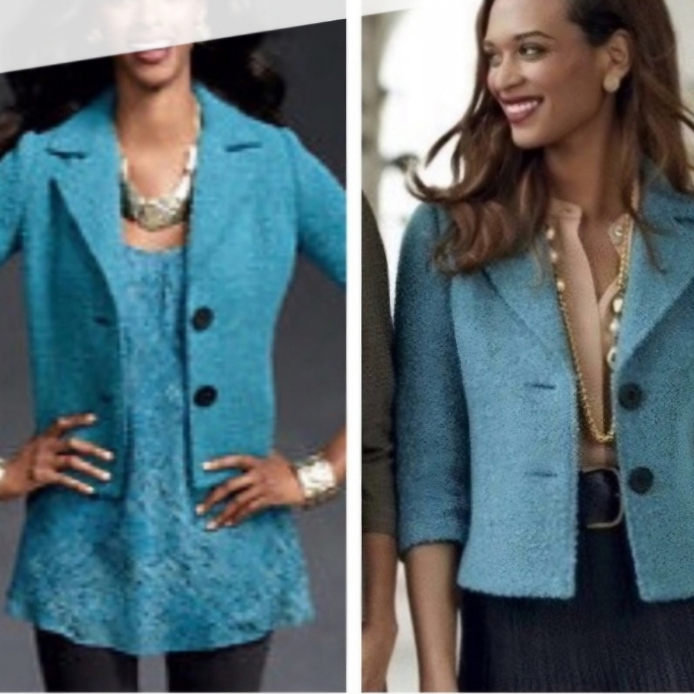 CAbi Teal Blue Wool Blend Boucle Blazer Size 10